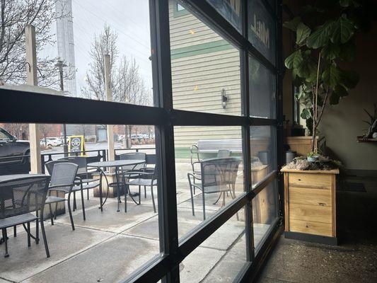 Looking out the front window to patio seating