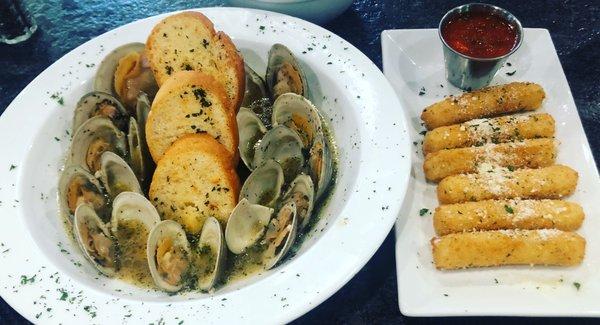 Drunken clams and mozzarella sticks.