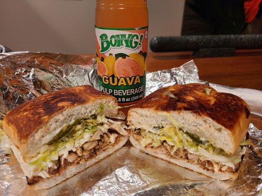 A grilled chicken torta and a guava soda