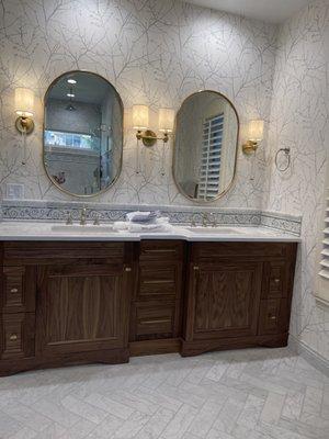 Complete bathroom remodel. Custom vanity with mirrors and sconces