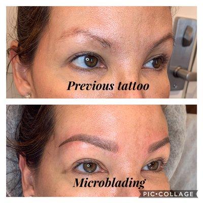 Covering up an old PMU. 
Microblading +light shading.
Amazing before and after.