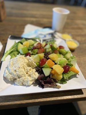 Chicken salad and fruit plate fresh coffee