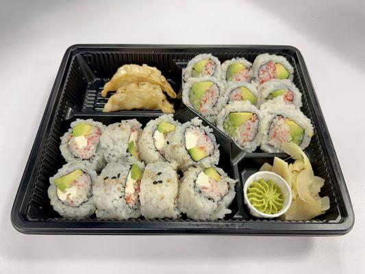 Classic Bento Box with Chicken Gyoza, California Roll, and Cream Cheese Roll