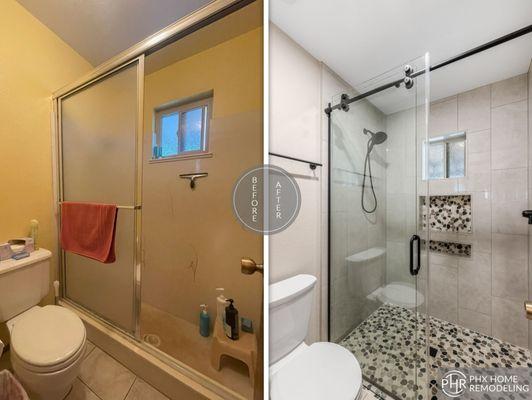 Cramped shower upgraded with sleek glass doors and stylish tile accents.
More: https://phxhomeremodeling.com/sal-leslie-home-overhaul-mesa/