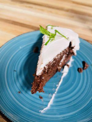 Chocolate tres leches topped with fresh mint