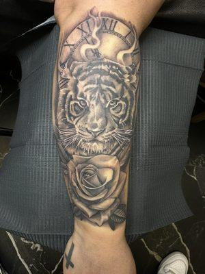 Tiger, rose and clock piece. Artist: Johnny Ray