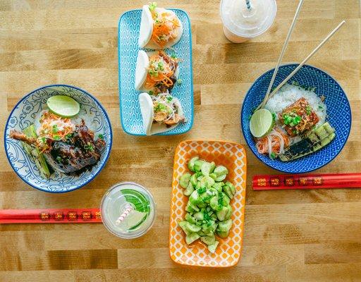 A selection of our bao buns, rice bowls, salads and Asian-inspired beverages!