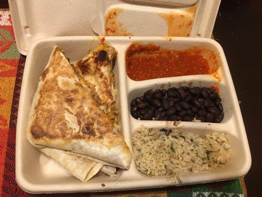 7-2021 Chicken quesadilla. With rice black beans and salsa.  Cool packaging.