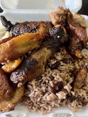 Jerk Chicken, Rice & Peas, Plantains and Vegetables