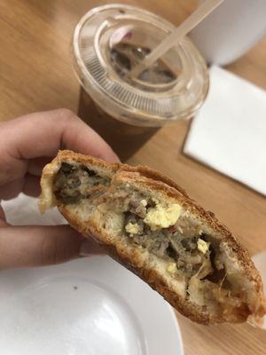 Egg and sausage roll and iced mocha