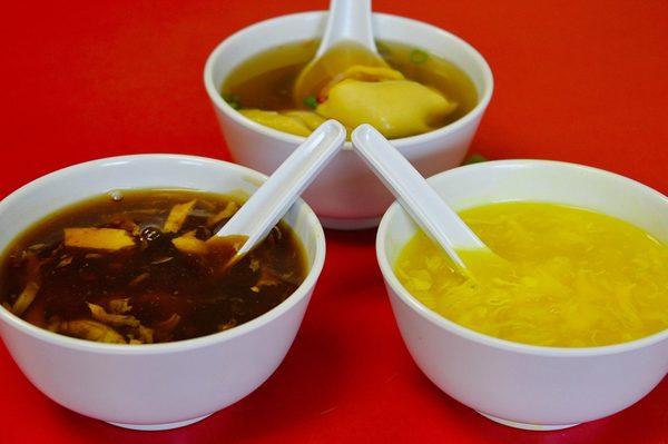 Hot & Sour; Wonton; Egg Drop soups.