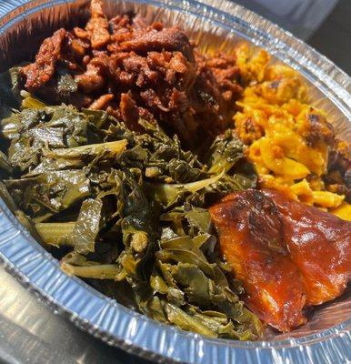 Vegan Soul Food Platter With A Side Of Collard Greens.