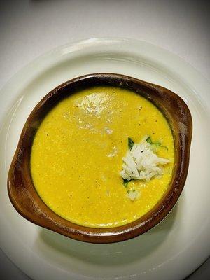 Mulligatawny soup.
Spiced lentil soup with a splash of coconut milk.