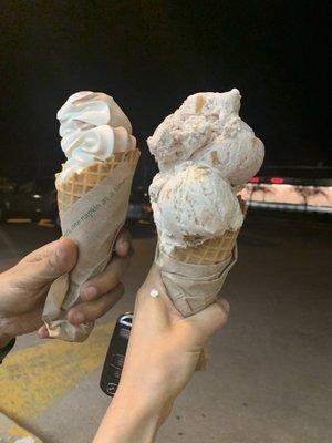 Left: Medium soft serve  Right: Adult double scoop of Apple Pie (shown on the top) and Oatmeal Cream Pie