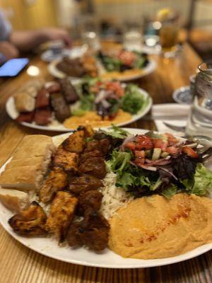 3 combo platters Combo Adana and Chicken Platter, Combo Adana and Lamb Platter, Combo Sucuk and Chicken Platter. Very delicious.