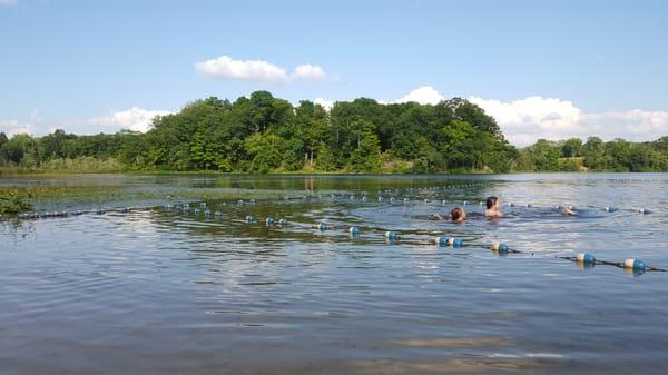 Beautiful lake. Has lifeguard & swim toys for kids. Kids need 2 pass test 2 swim to dock.