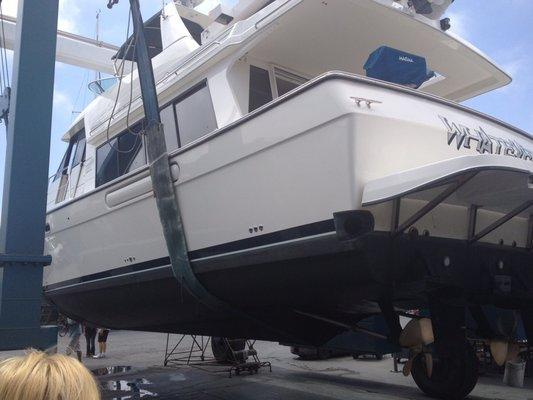 SOLD: Our boat which was sold by Peter and MarineMax San Diego being hauled out for inspection.