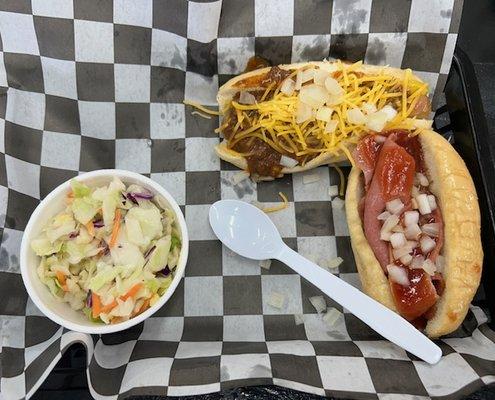 a loaded Chili Cheese Coney and a Smoked Bologna