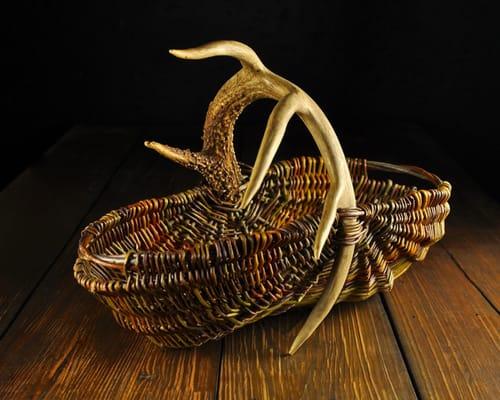 Large hand woven Appalachian style shopping basket with shed mule deer antler handle by Organic Artist Tree.