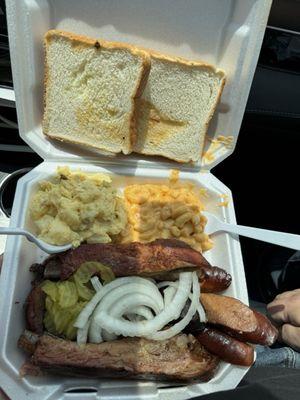 3 meat plate: ribs, brisket, sausage, 2 sides: macaroni and cheese and potato salad