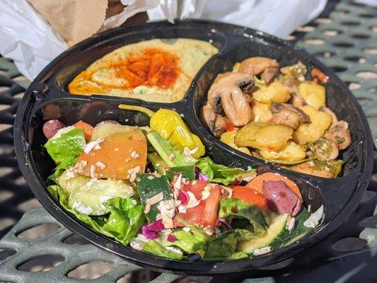 Hummus, salad, mushrooms