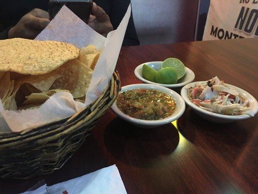 Complimentary chips, salsa and ceviche.