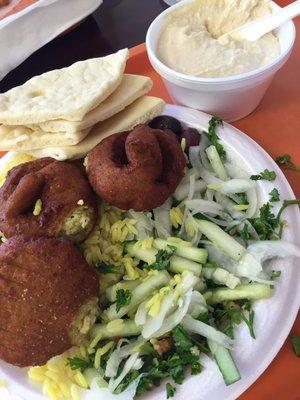 Falafel platter with tabbouleh and rice.  With an order of hummus