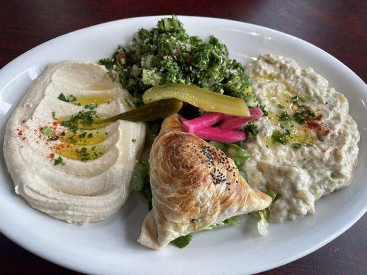 Vegetarian Platter, choose four: Tabouli, Baba Ganouj, Hummus, Spinach Pie