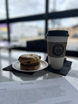 Croissant sandwich & oat milk latte with agave