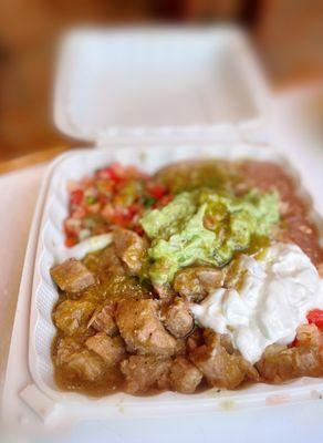 Chile Verde (P) plate with the rice, refried beans and the works.