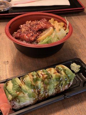 Salmon Teriyaki Bowl and Dragon Roll