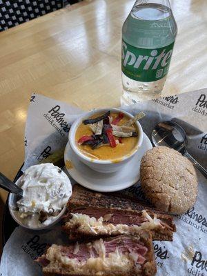 Reuben, 4. Reuben Specialty Sandwich, Chicken Enchiladas Soup, Waldorf, Peanut Butter Cookie and a Sprite!