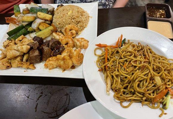 Hibachi Steak, chicken and shrimp and noodles