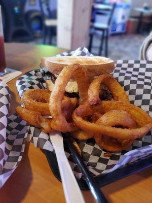 Flyin Farmer Burger and Onion Rings