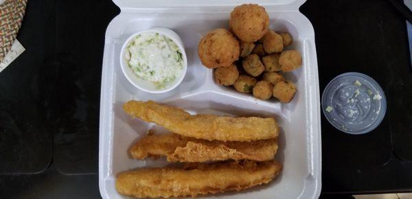 Three piece battered cod dinner. Fish and slaw very good. Okra was a soggy, tasteless mess.