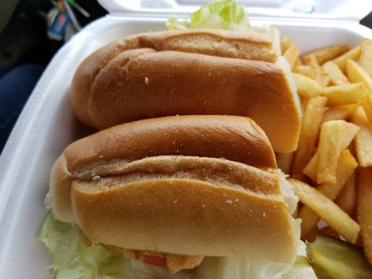 Fried Fish sandwich with fries.