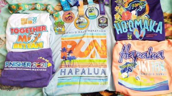 Hapalua Half Marathon, Hapalua Iki 10k and Ho'omaka 5k Finisher's Medals and Shirts 2021 (My Spring 2021 Virtual Race Season)