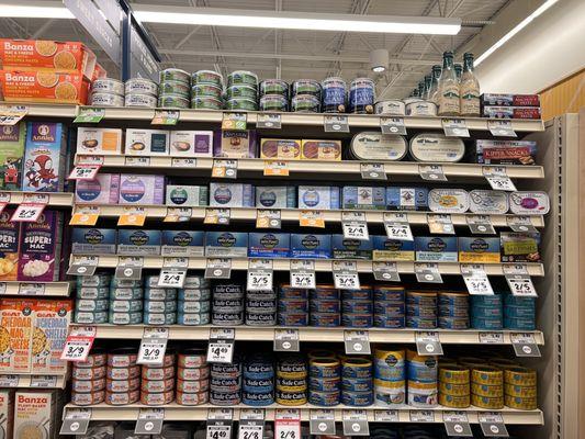 Nice selection of canned (sustainably caught) wild tuna (lower mercury levels), cleaned sardines and various smoked oysters.