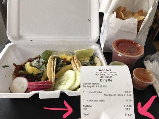 Almost $20 for 3 dry tacos and a small bag of chips!