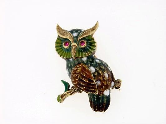 Vintage Estate Enameled Owl Pin