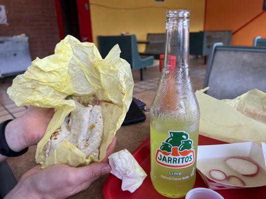 Casual and good. Jarritos with bean and cheese burrito.