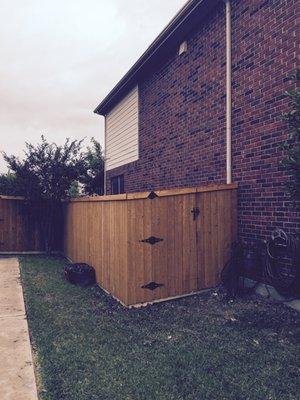 6ft Prestained Pine side by side Fence with 4 in trim and a Kickerboard at the bottom