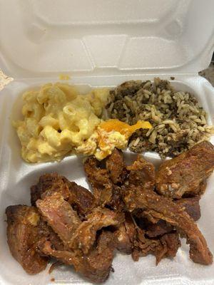 Food from the cafeteria. Riblets, Mac and cheese, dirty rice.