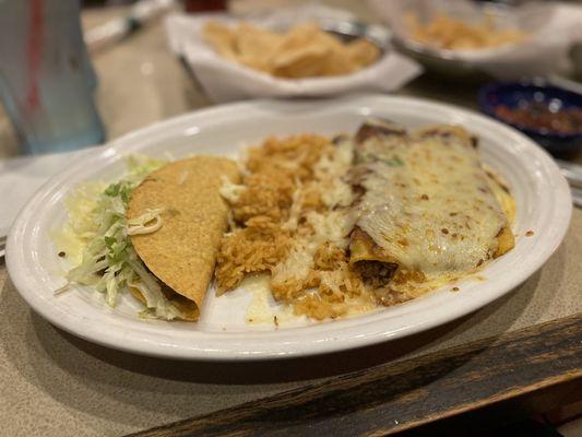 # 1 combination (beef taco, 2 beef enchiladas, and Mexican rice.