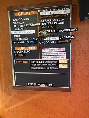 Menu of gelato options