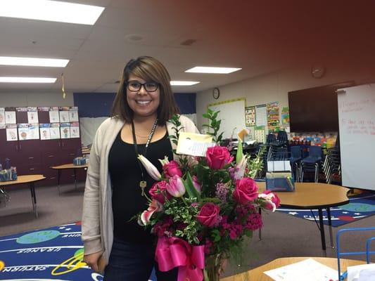 My wife on her birthday 2/26/2015 received her flowers by you guys, delivered at her classroom and she loved them