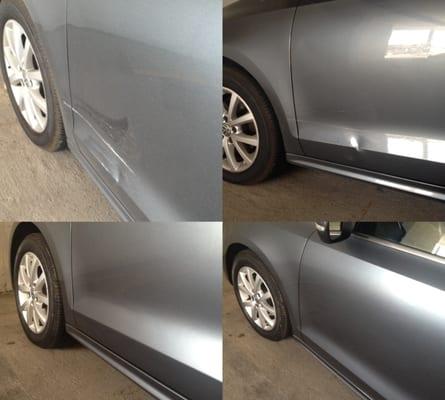 The before and after of my car fixed by Charlie's Paint & Body shop.