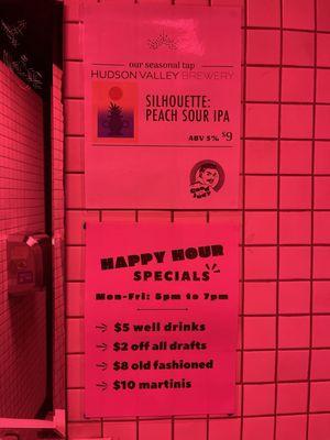 The Happy Hour specials for spring 2024. It usually changes per season.