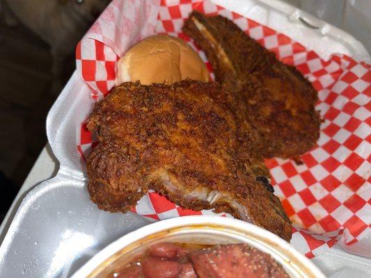 Fried pork chop plate with red beans & rice (pork chops are huge & cooked to perfection)