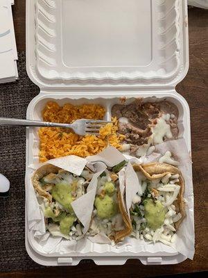 (3) Chicken Taco Dinner with rice and refried beans. Tacos: chicken, cilantro, onion, cheese and some guacamole salsa from home.